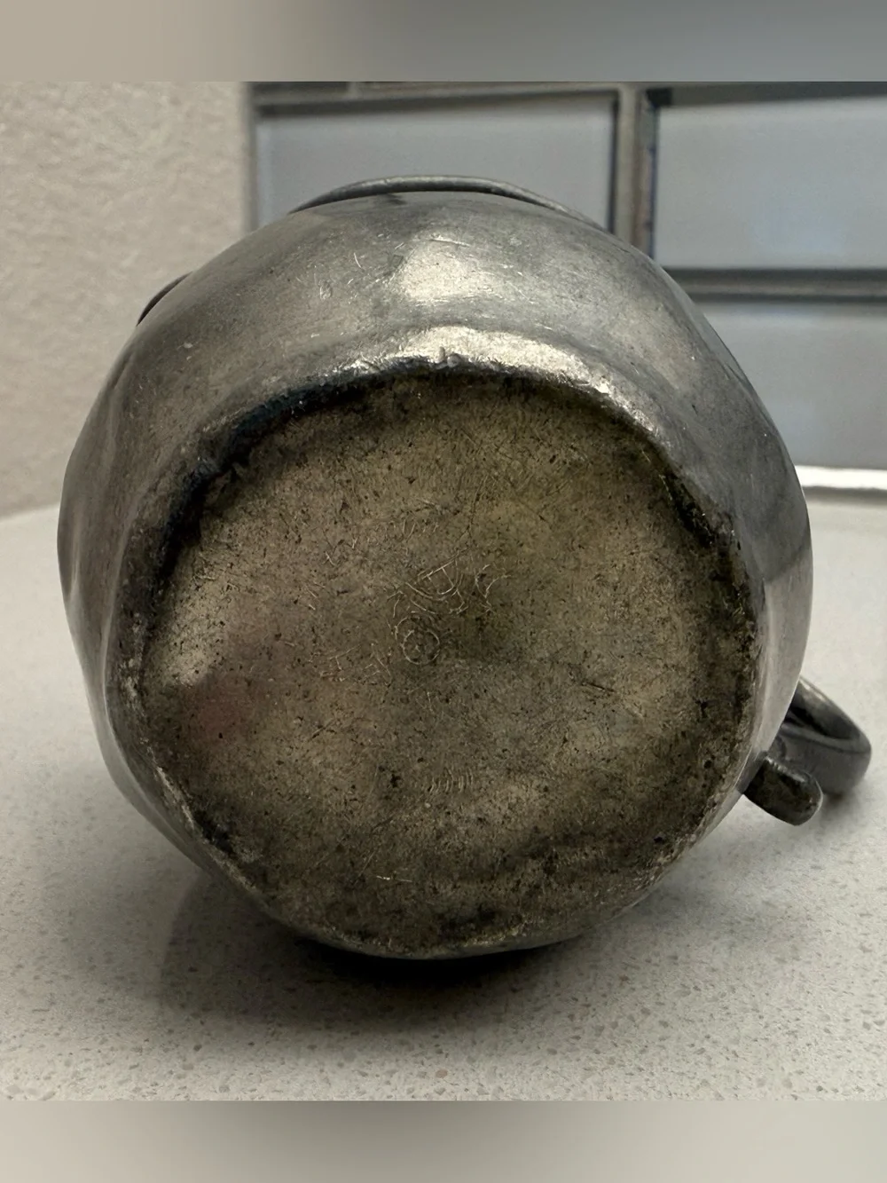 Vintage Pewter Creamer Pitcher Colonial Style Scroll Handle